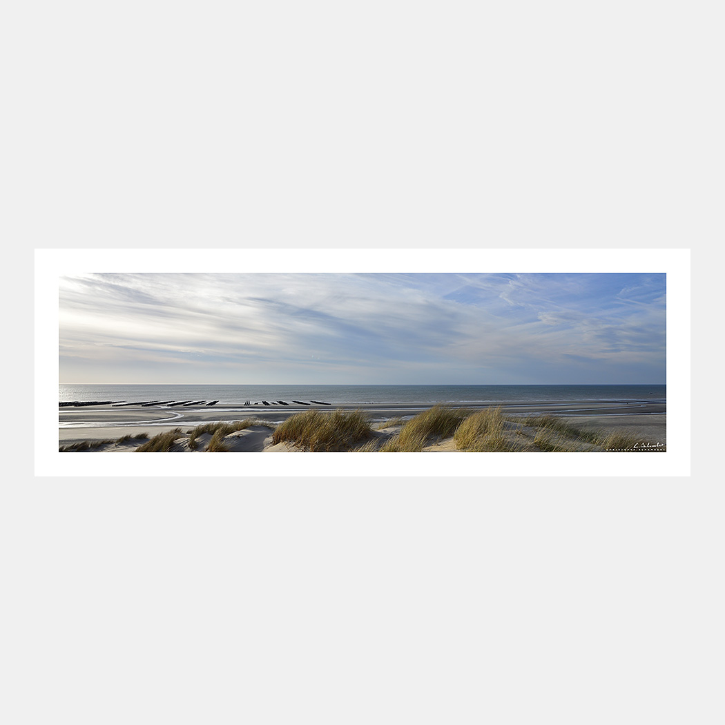 Poster Photo Dunes et plage de Quend-Plage Panoramique - Oyats et mer, bouchots - Baie de Somme - Image de la Côte Picarde - Hauts-de-France - Christophe Schambert