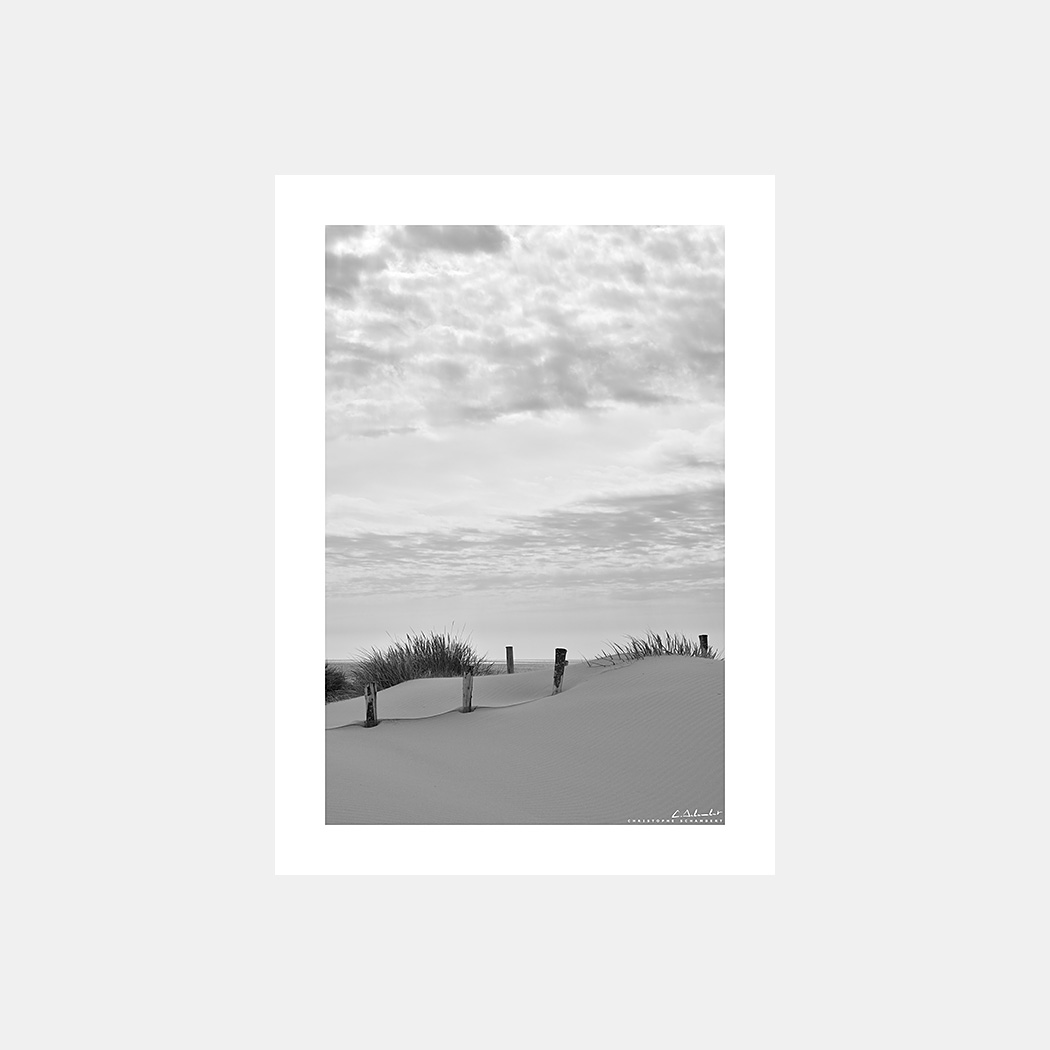 Poster Photo Dunes du Cotentin en noir et blanc - Dunes de sable, Oyats, Plage - Image de mer et du littoral de Normandie - Christophe Schambert