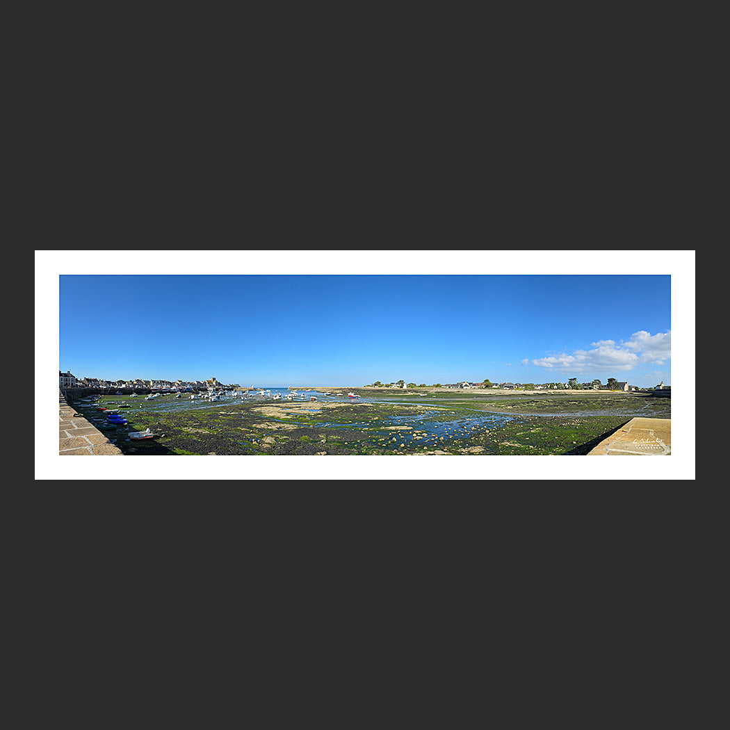 Photographie panoramique ultra grand-angle du port de Barfleur depuis les quais avec les bateaux de pêche et de plaisance à marée basse en été, Cotentin, Manche, Normandie, France.