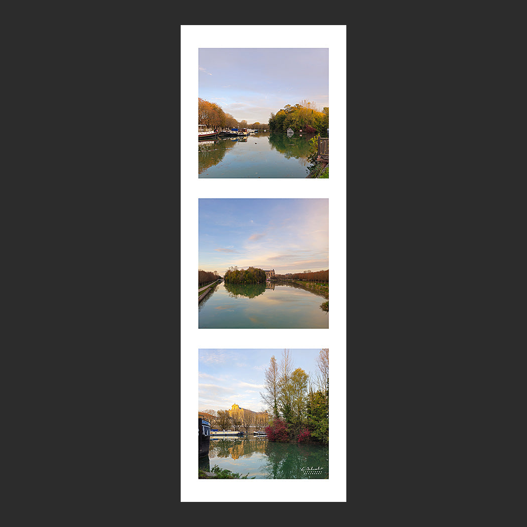 Photographies en triptyque vertical du canal de la Marne à Châlons-en-Champagne avec la cathédrale et les péniches avec le Jard en automne au soleil couchant, Champagne, Marne, Grand Est, France.