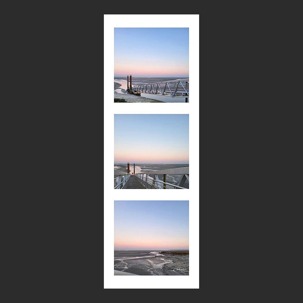 Photographies en triptyque vertical de la baie de Somme depuis la passerelle de l'embarcadère du port du Hourdel dans la lumière rose du soleil couchant, Baie de Somme, Côte Picarde, Somme, Hauts-de-France, France.