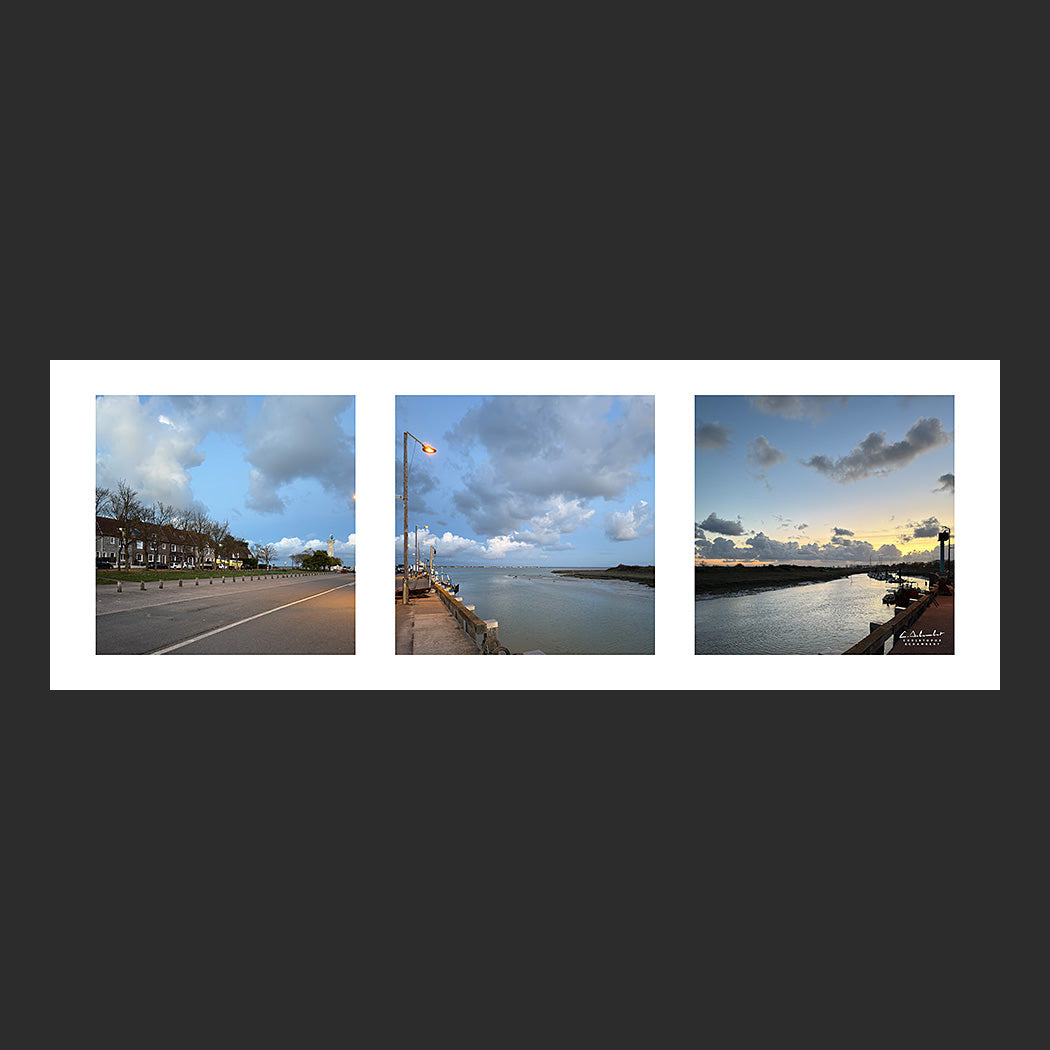 Photographies en triptyque horizontal du port de pêche du Hourdel en baie de Somme en début de nuit en automne avec les maisons de pêcheurs, le phare et les bateaux à quai, Baie de Somme, Côte Picarde, Somme, Hauts-de-France, France.